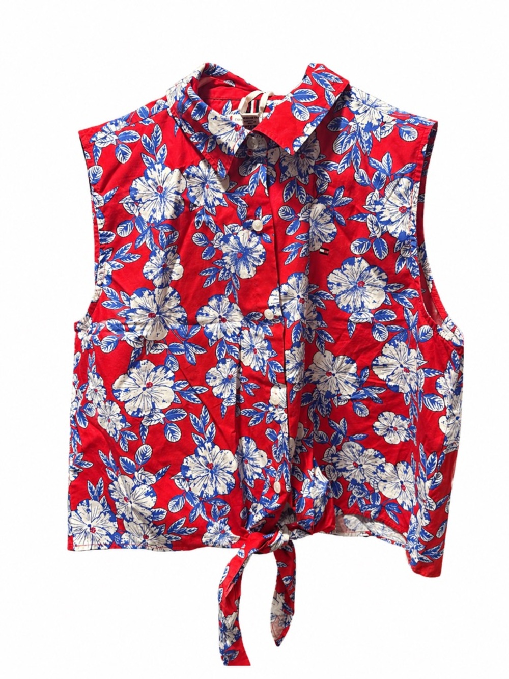 Tommy Hilfiger Red Floral Sleeveless Button-Down Tie Front Top